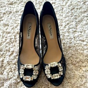 Nina size 9.5 black crystal buckle 100mm lace peep toe gently used pumps